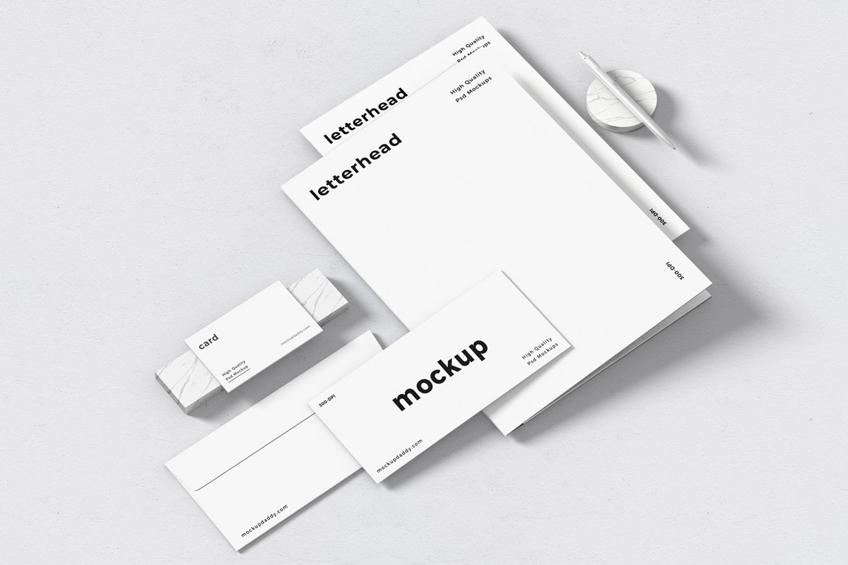 Free stationery branding mockup with business card, letterhead, and envelope