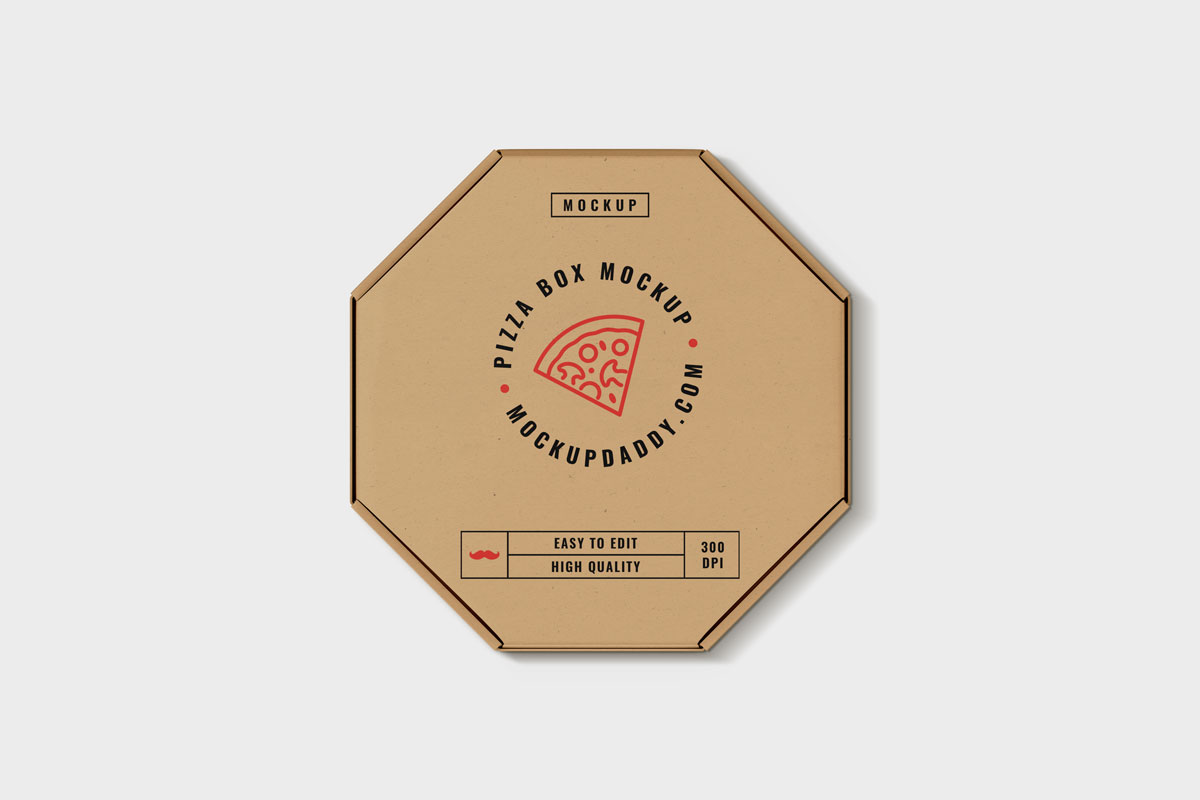 Brown octagon pizza box mockup from the upper side 