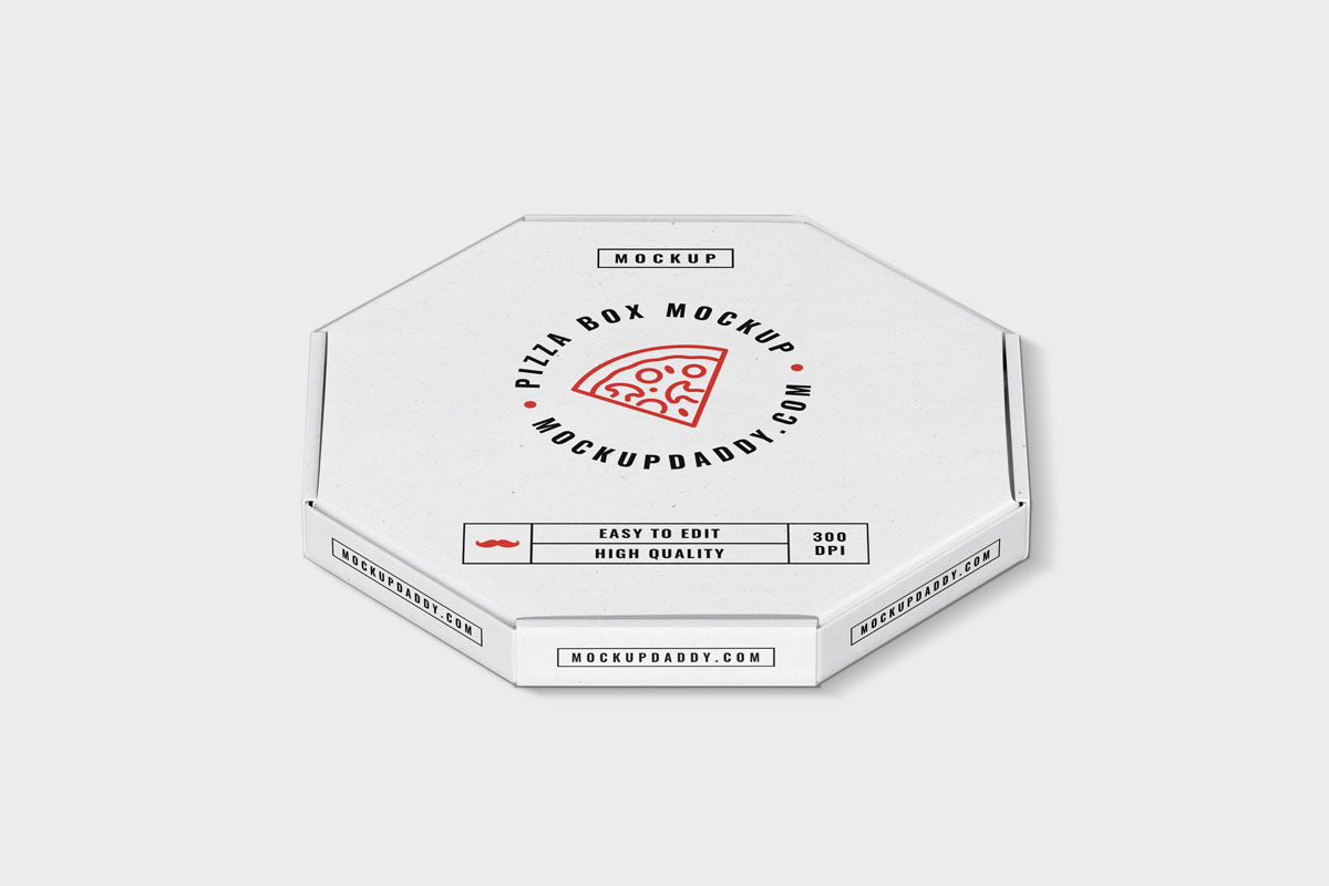 Brown octagon pizza box mockup from the upper side text in black color.