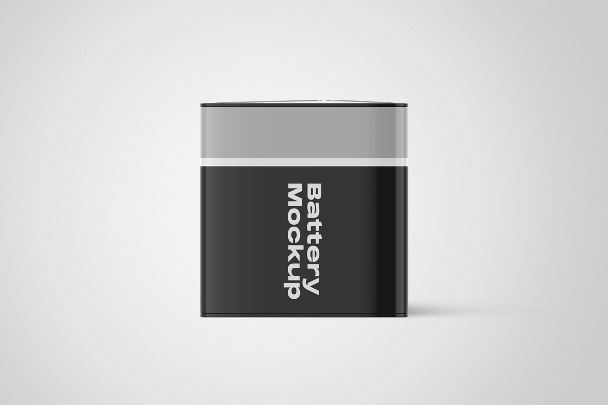 Black and silver battery product mockup on white background.

