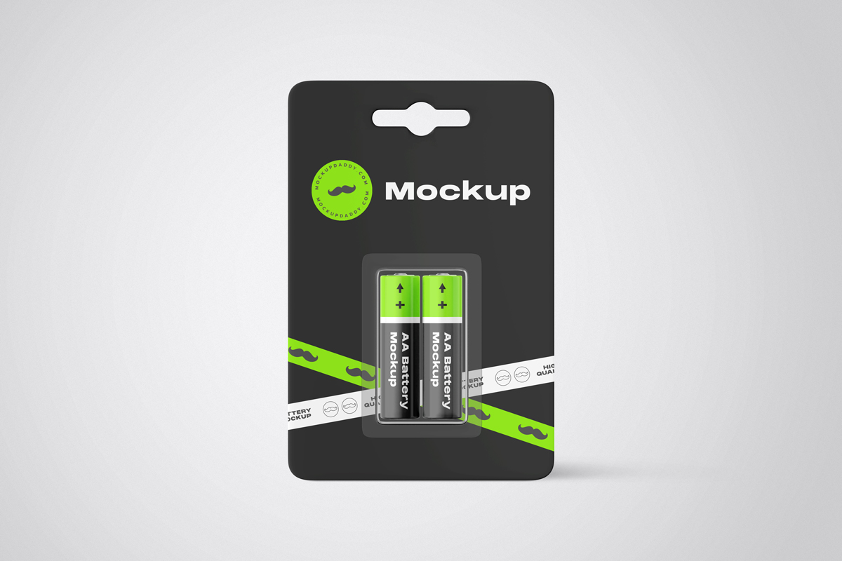 Pack of two AA battery mockup in black paper packaging board
