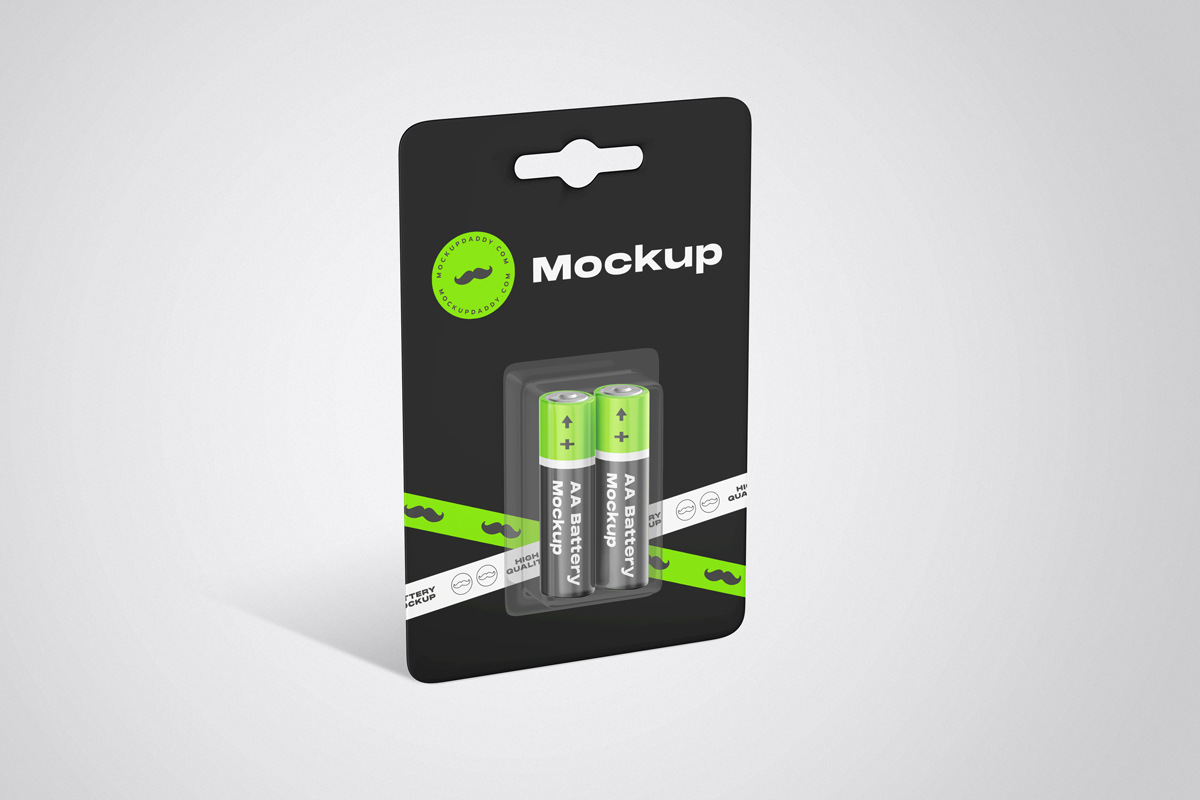 Digital product mockup of two AAA batteries in a black box.