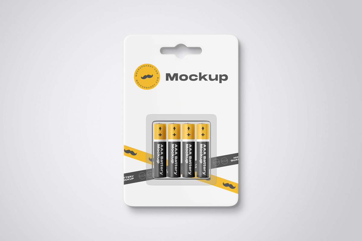 Mockup of four AAA batteries packaging design with white background.