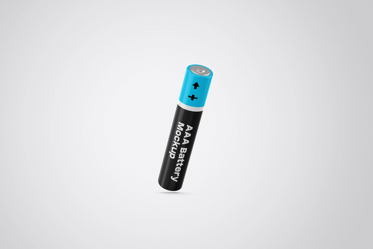 Single AAA battery mockup in black and blue color from the upper side