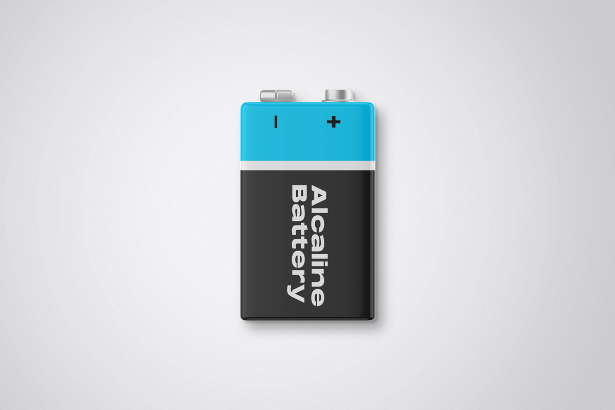 Black and blue alkaline battery mockup on white background