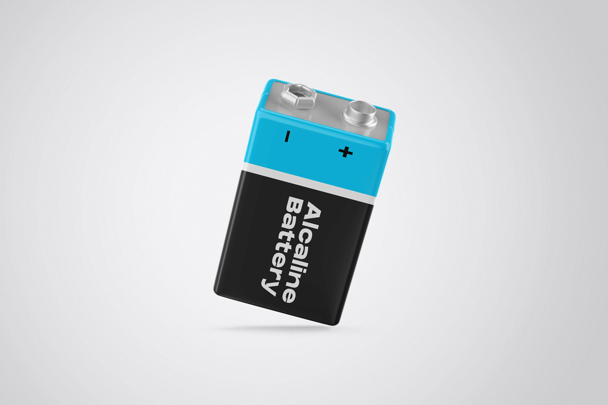 Alkaline battery mockup in black and blue color from the upper side.