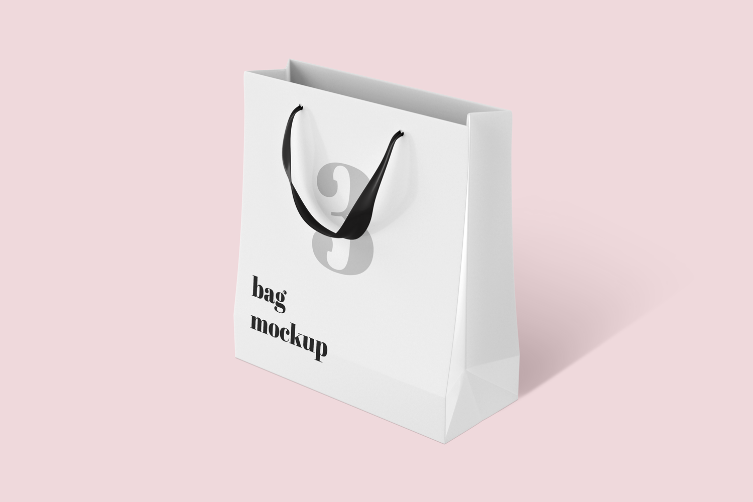 White shopping bag mockup with black handle on pink background.