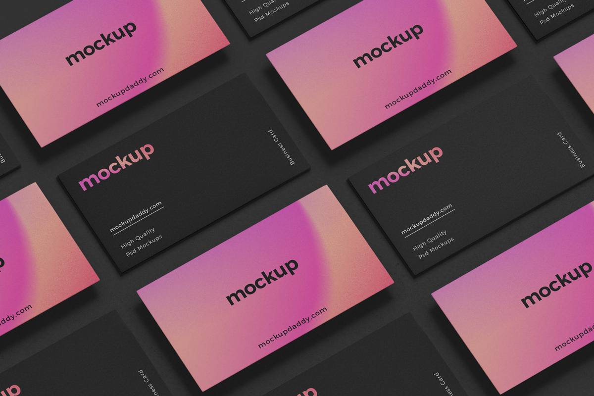 Black mockup scene with stacked business cards and floating text