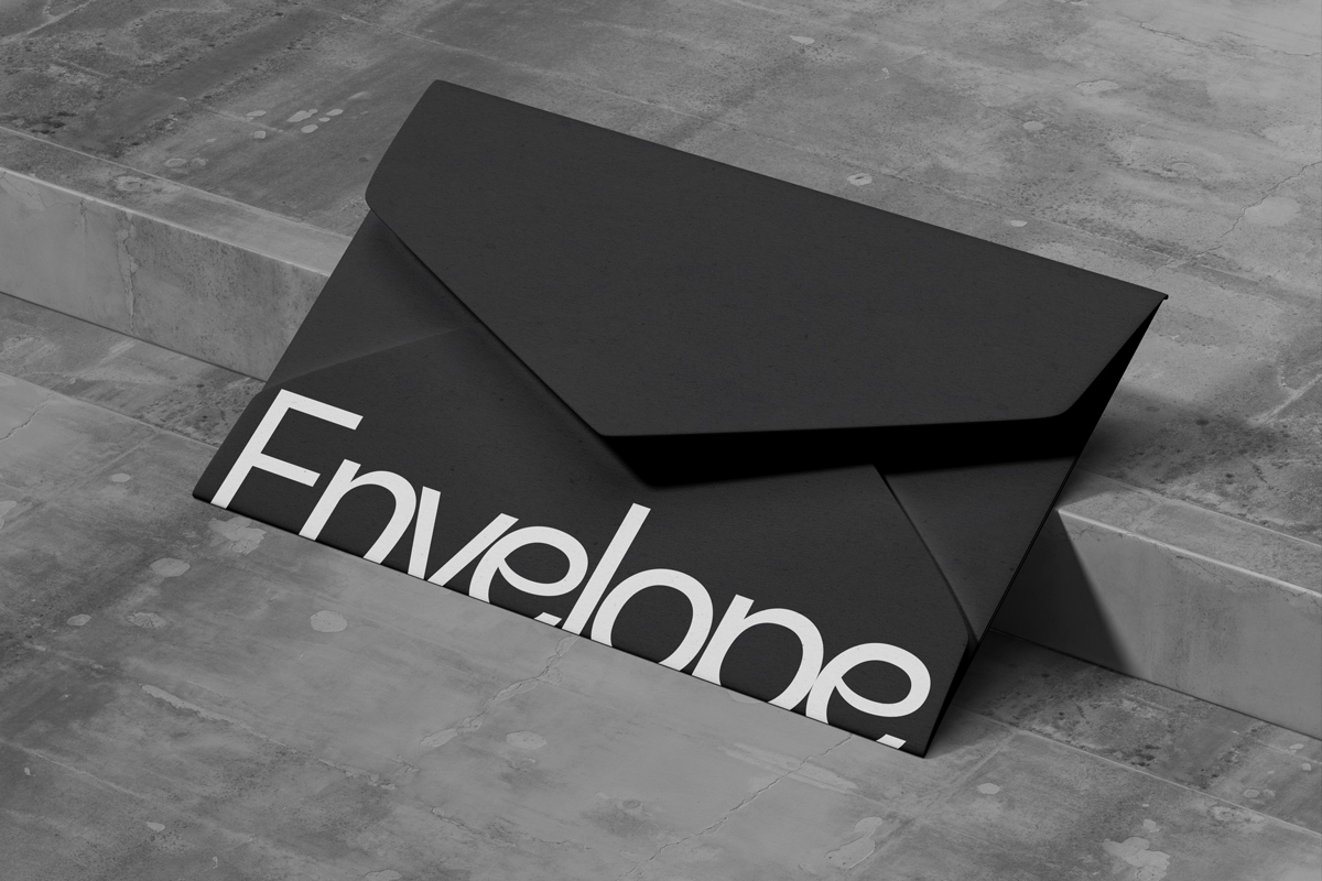 Black and white branding mockup with book, envelope, and business card