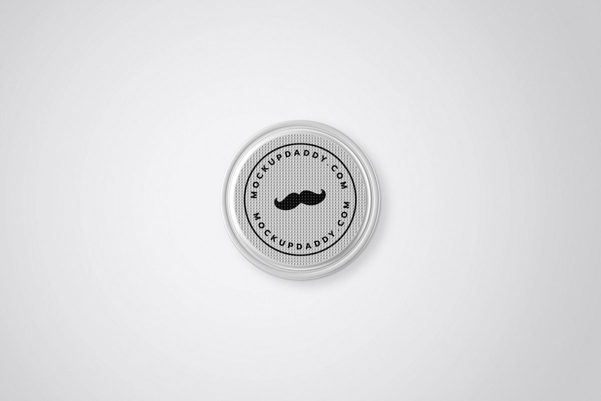 Digital product mockup of a button coin battery with a mustache