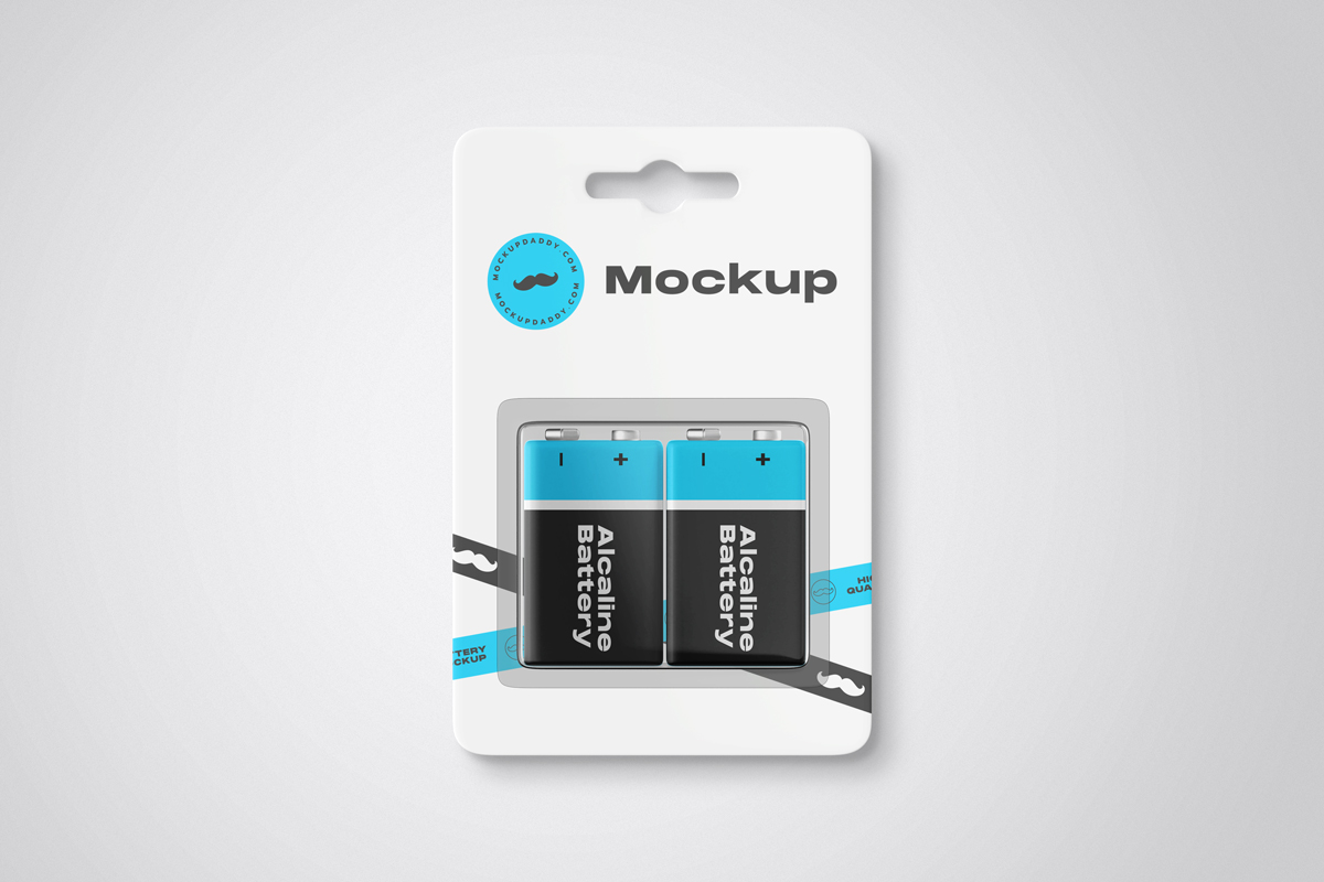 Mockup of two blue alkaline batteries in a white box.