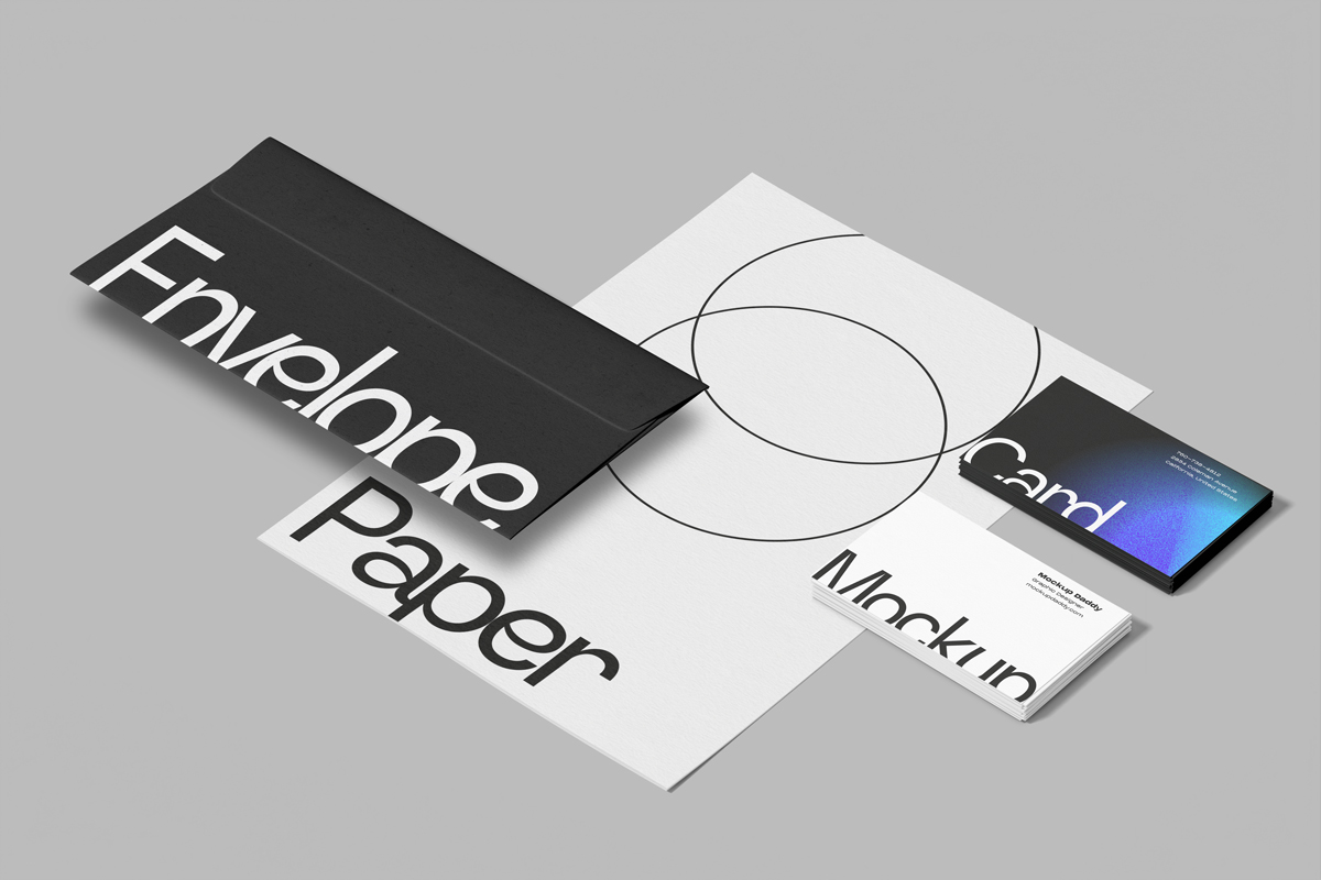 Free stationery branding mockup with letterhead, envelope, and business card