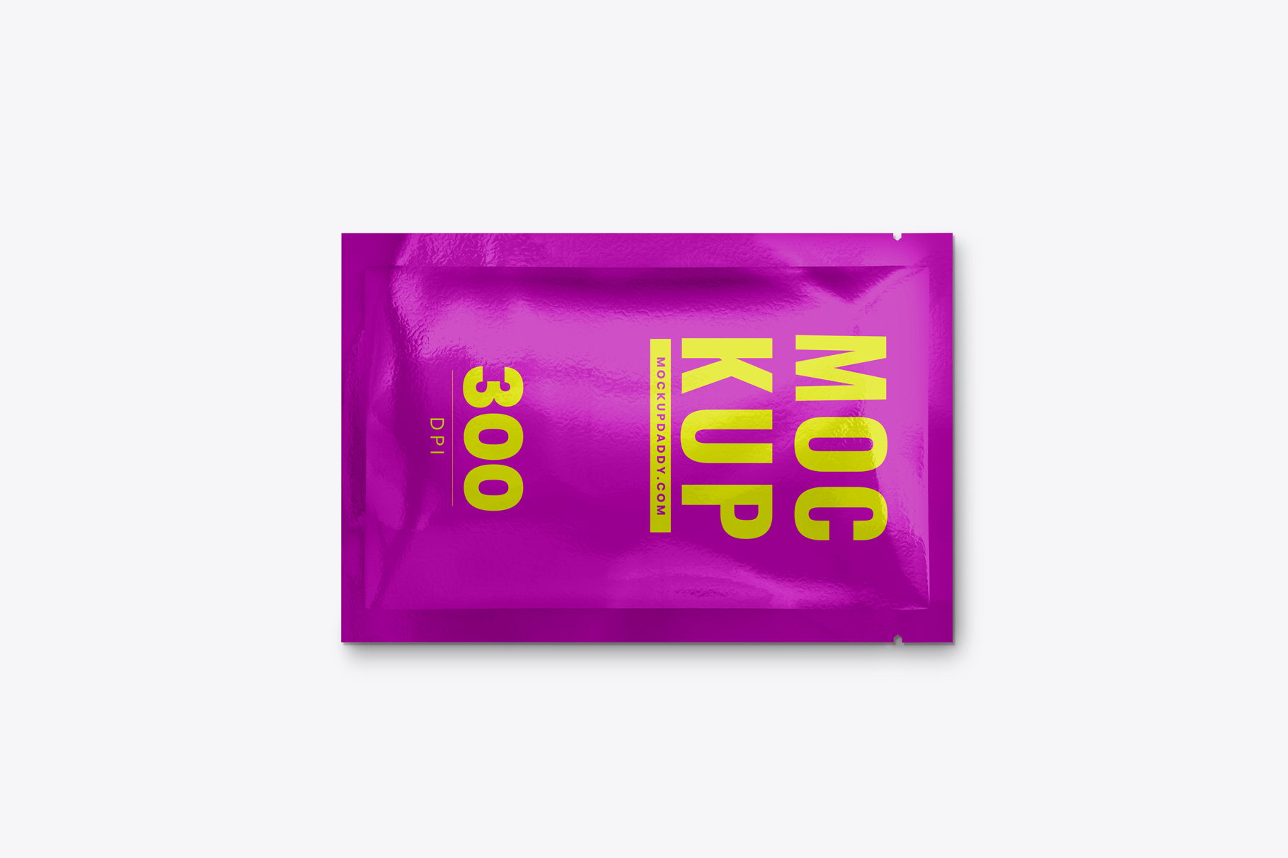 Purple pouch with yellow text mockup on white background.