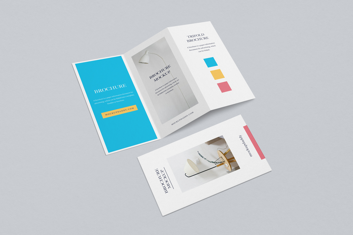 Open A4 tri-fold brochure mockup with geometric shapes