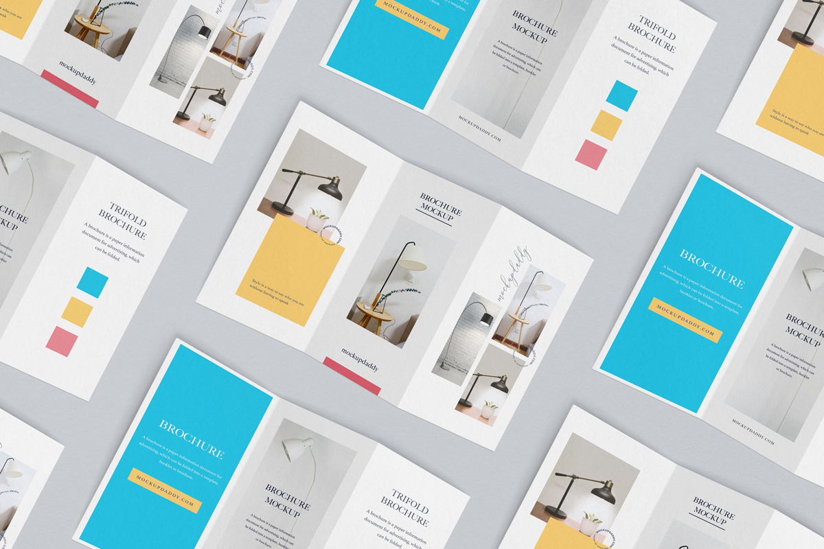 Set of three A4 tri-fold brochure mockups in different colors 