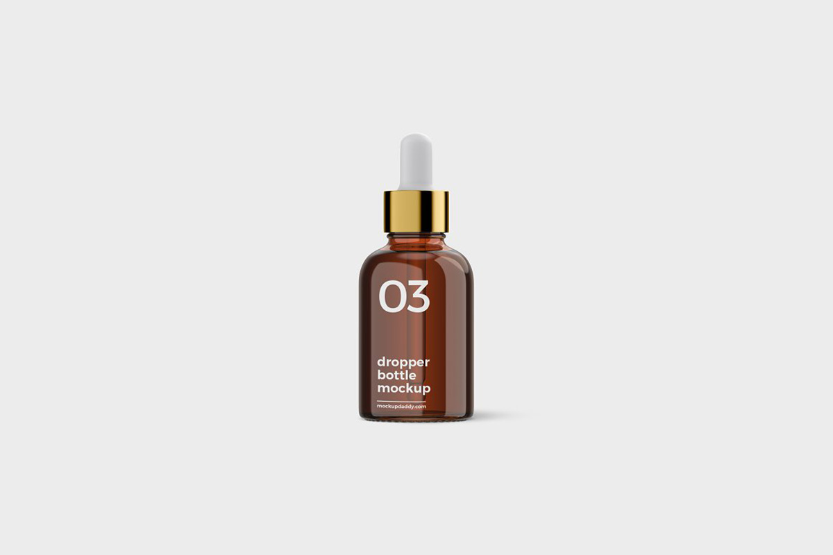 Amber Dropper Bottle mockup with golden and white cap on white background