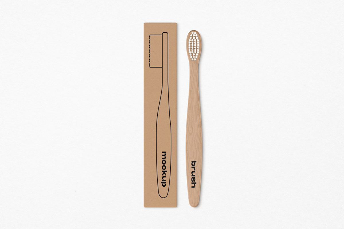 Brown packaging box and toothbrush mockup in upper direction