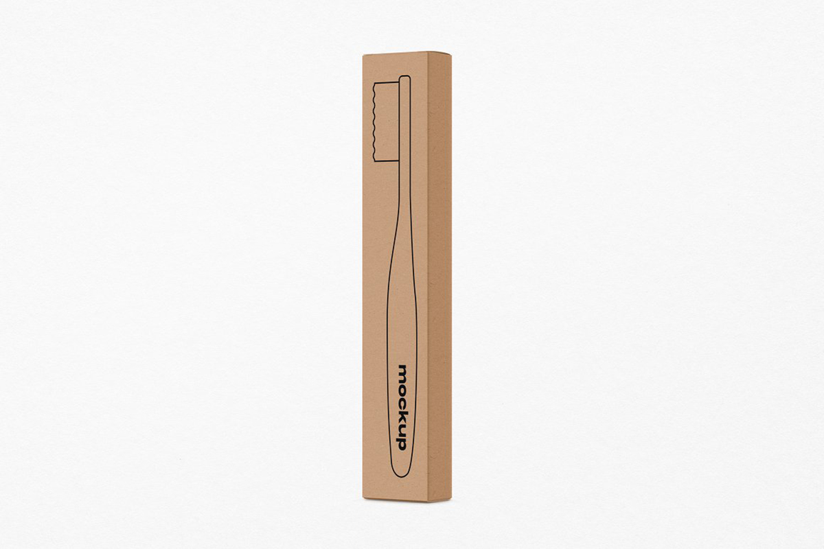 Brown toothbrush packaging box mockup in standing position
