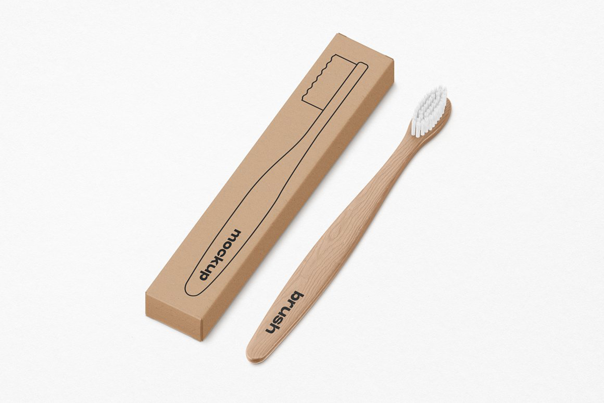  Brown Bamboo toothbrush and box mockup on white background