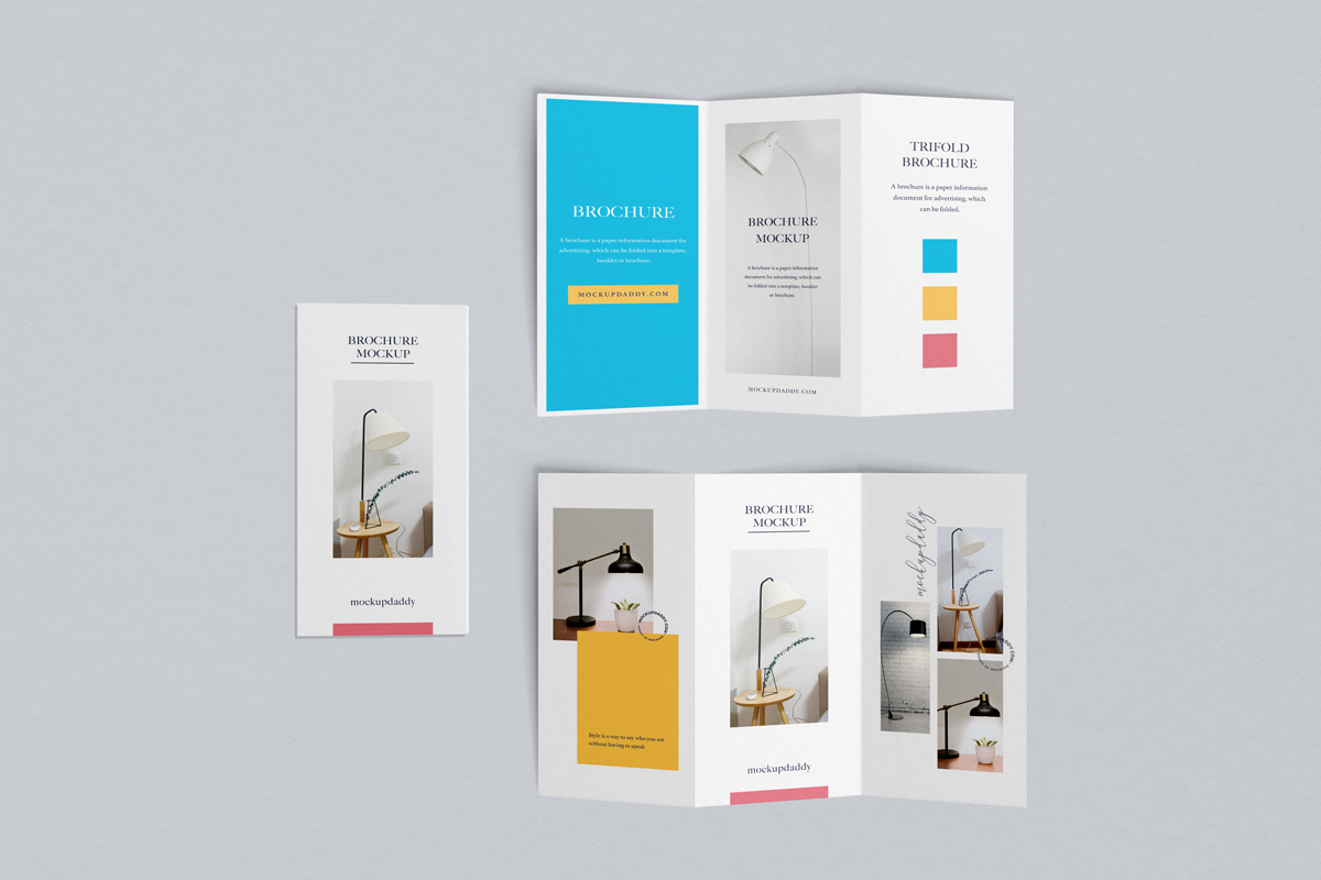 Three editable A4 tri-fold brochure mockups with shadows 