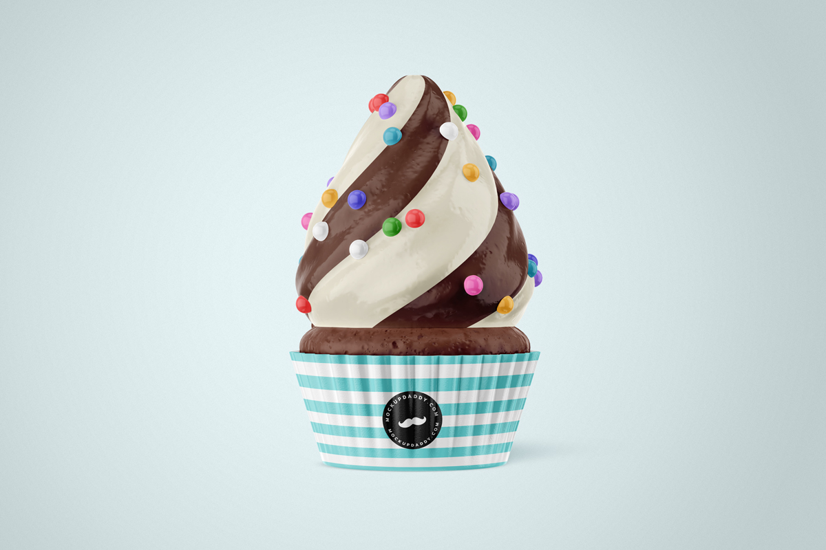 Chocolate cupcake mockup white white and brown frosting and rainbow sprinkles.