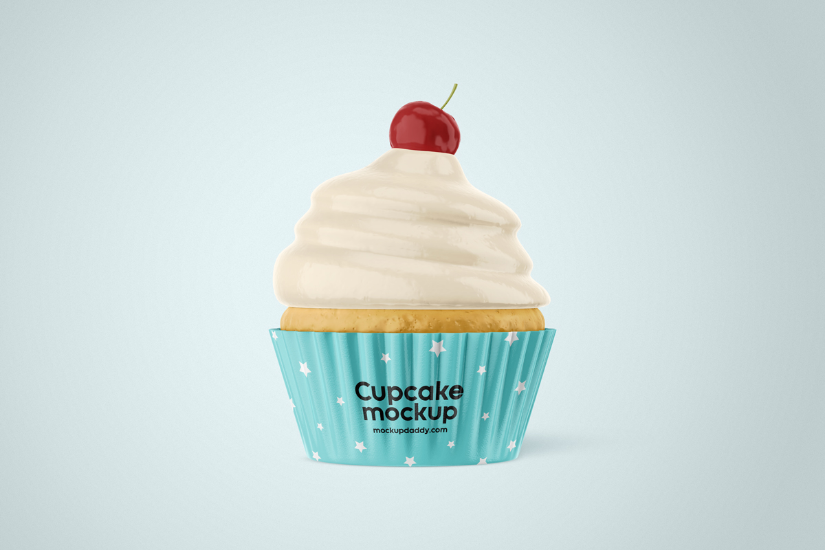 Vanilla cupcake mockup with white frosting and cherry on top.