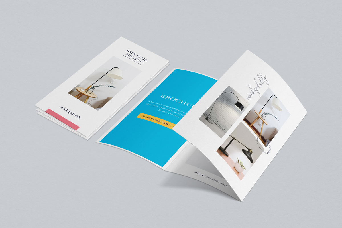 Open A4 tri-fold brochure mockup with geometric design 