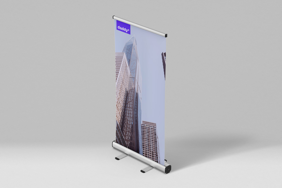 Digital roll-up banner mockup on a table