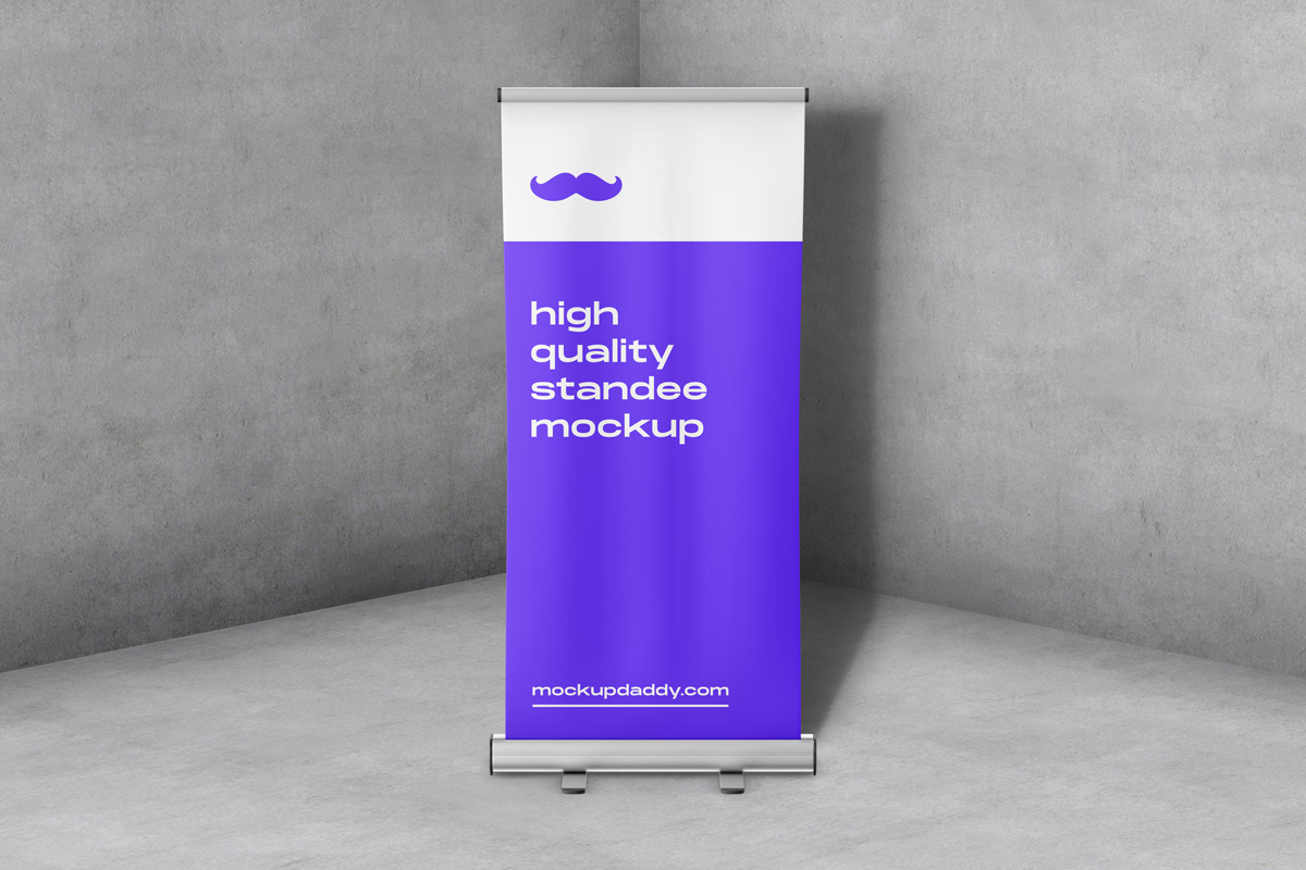 Digital roll-up banner mockup leaning against a wall