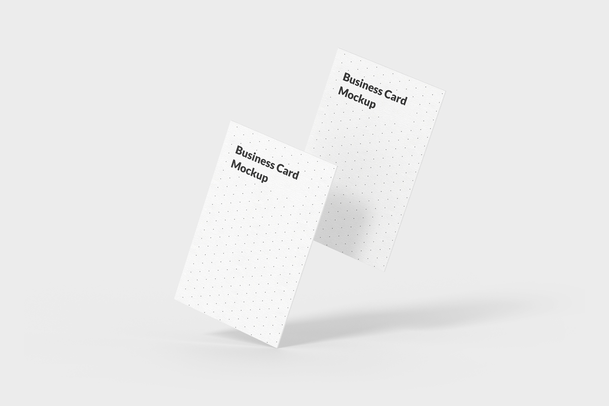 Two floating business cards with colorful geometric patterns.