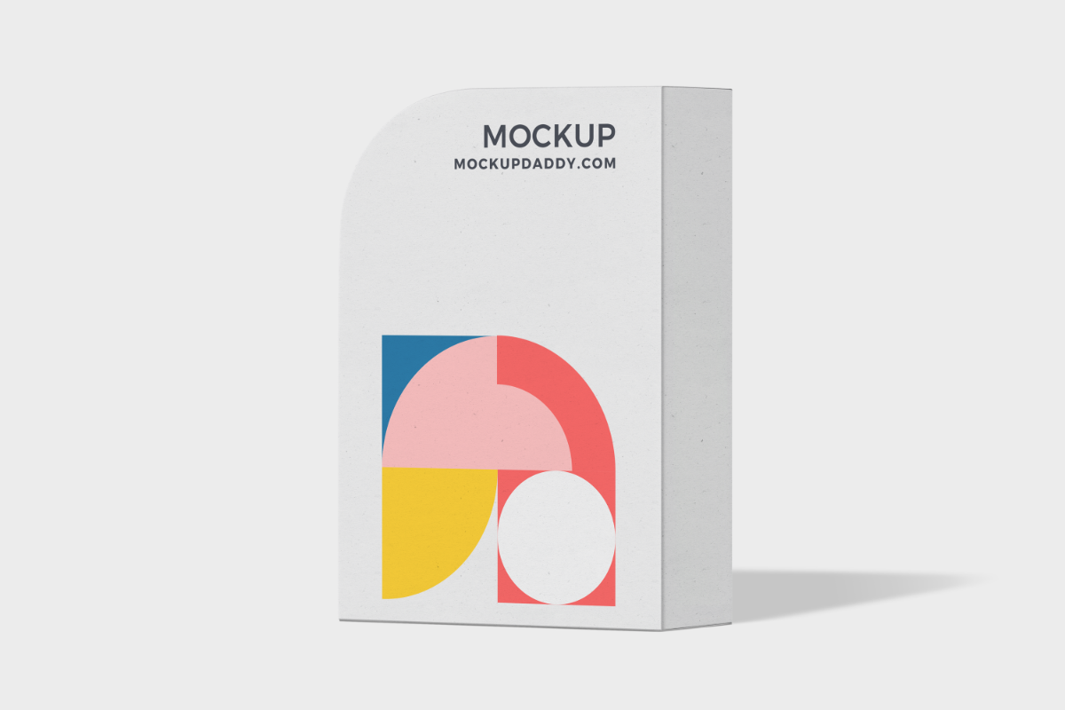 White software box mockup with colorful abstract design.