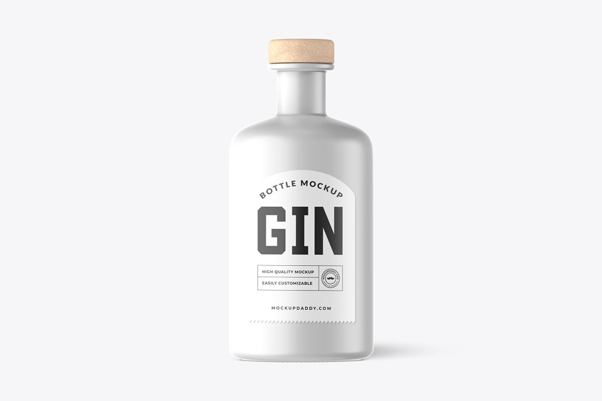 Digital mockup of a white gin bottle with a wooden stopper.