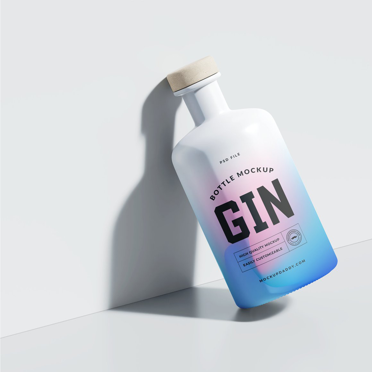 White gin bottle mockup with blue and pink shade and black text 