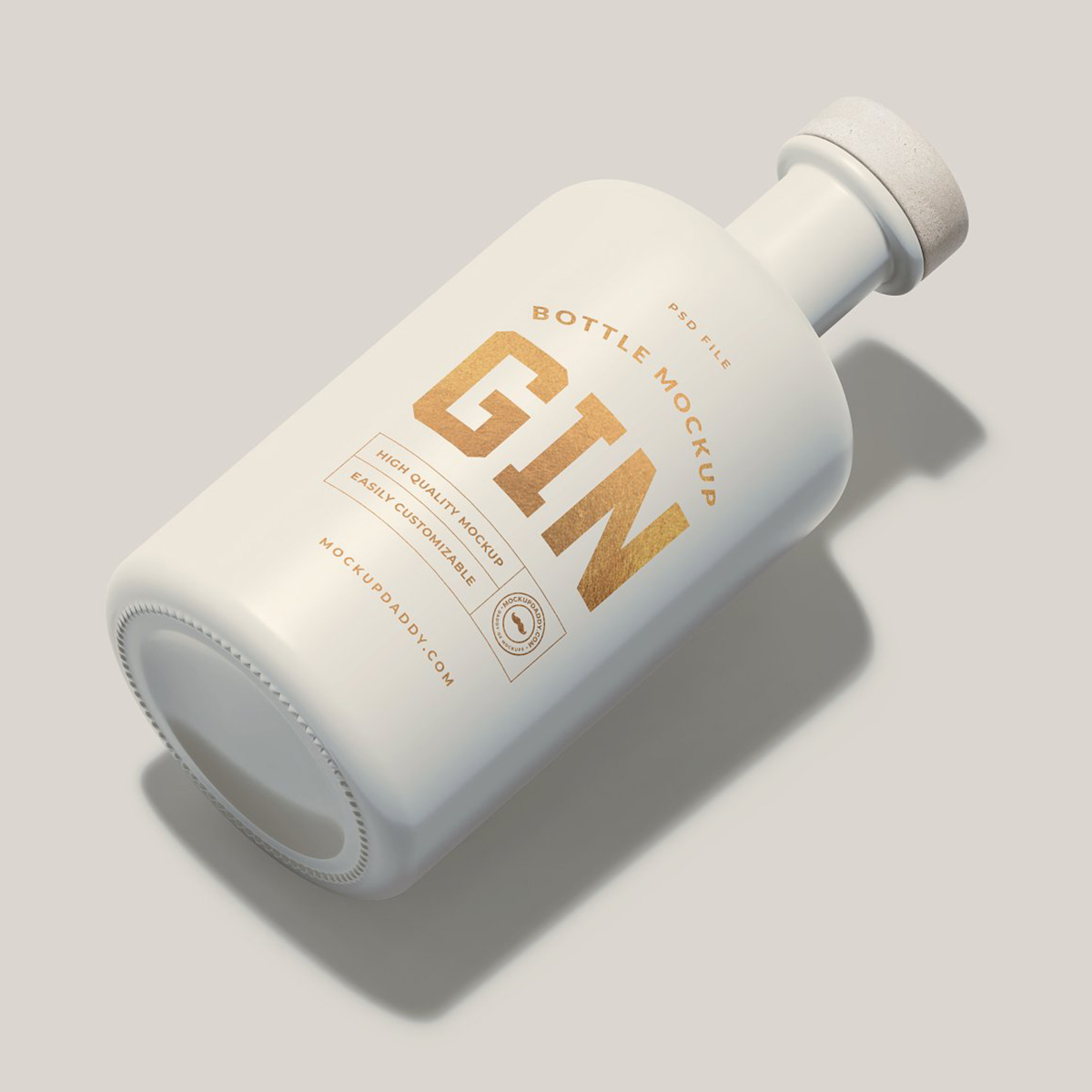 White gin bottle mockup with golden text on white background
