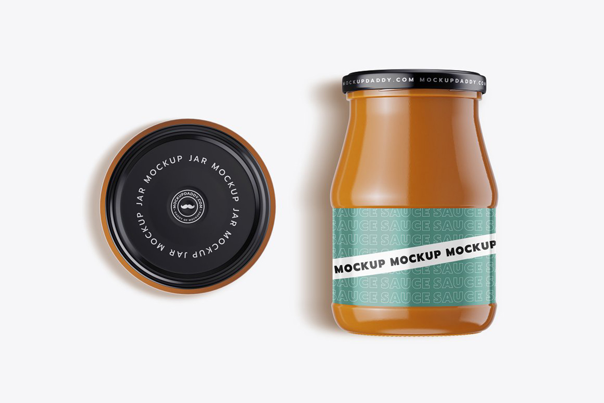 Clear glass jar mockup PSD with black lid on white background
