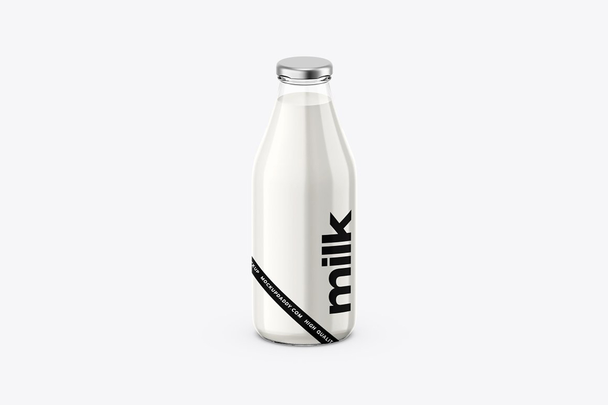 Transparent milk bottle mockup with silver lid and black text