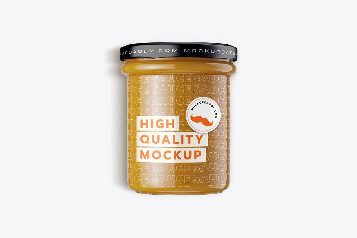 Transparent sauce jar mockup with orange text and black lid