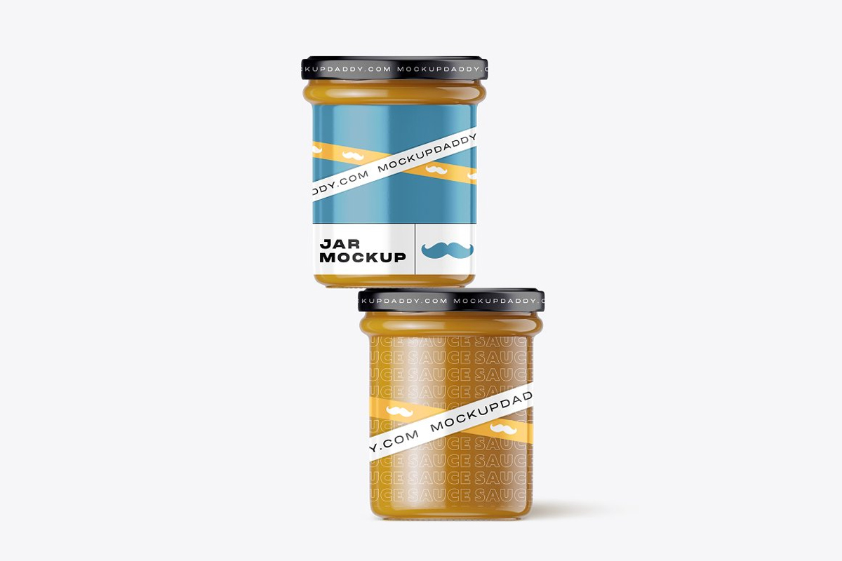 Two sauce glass jar mockup on each other with black lid