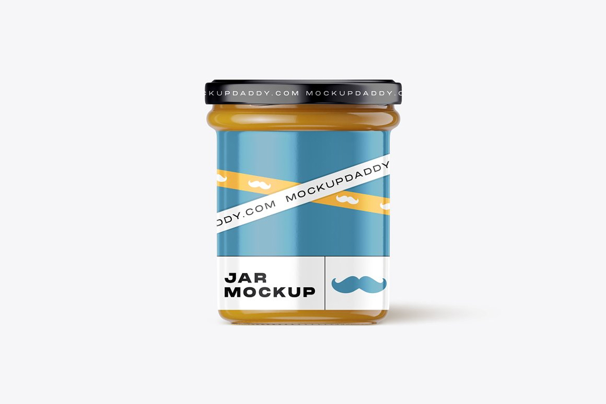 Blue jar mockup with white label and blue mustache.
