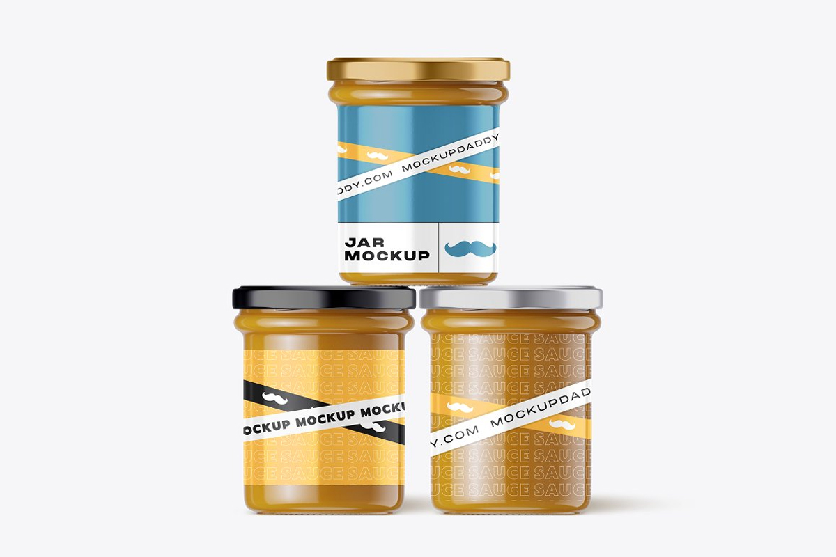 Three jar mockup with golden, black, and silver lid