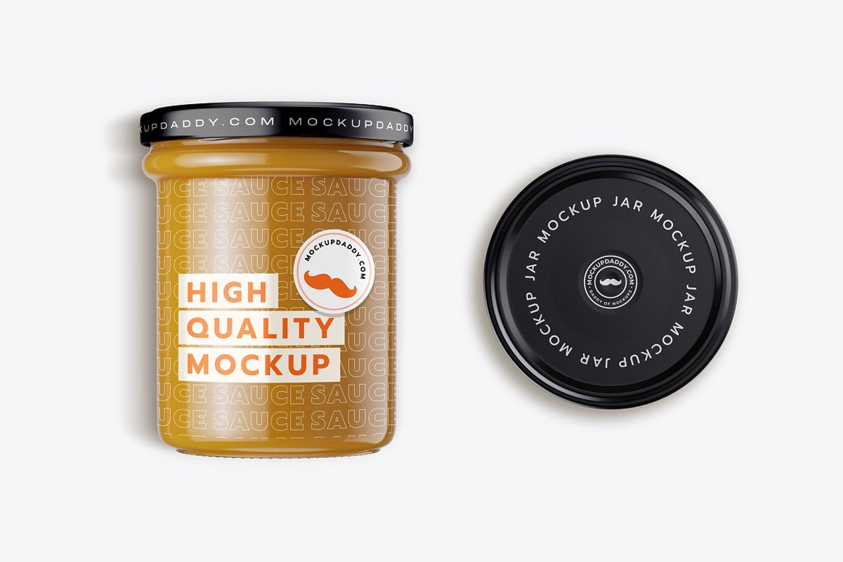 Transparent sauce jar mockup with orange text and black lid