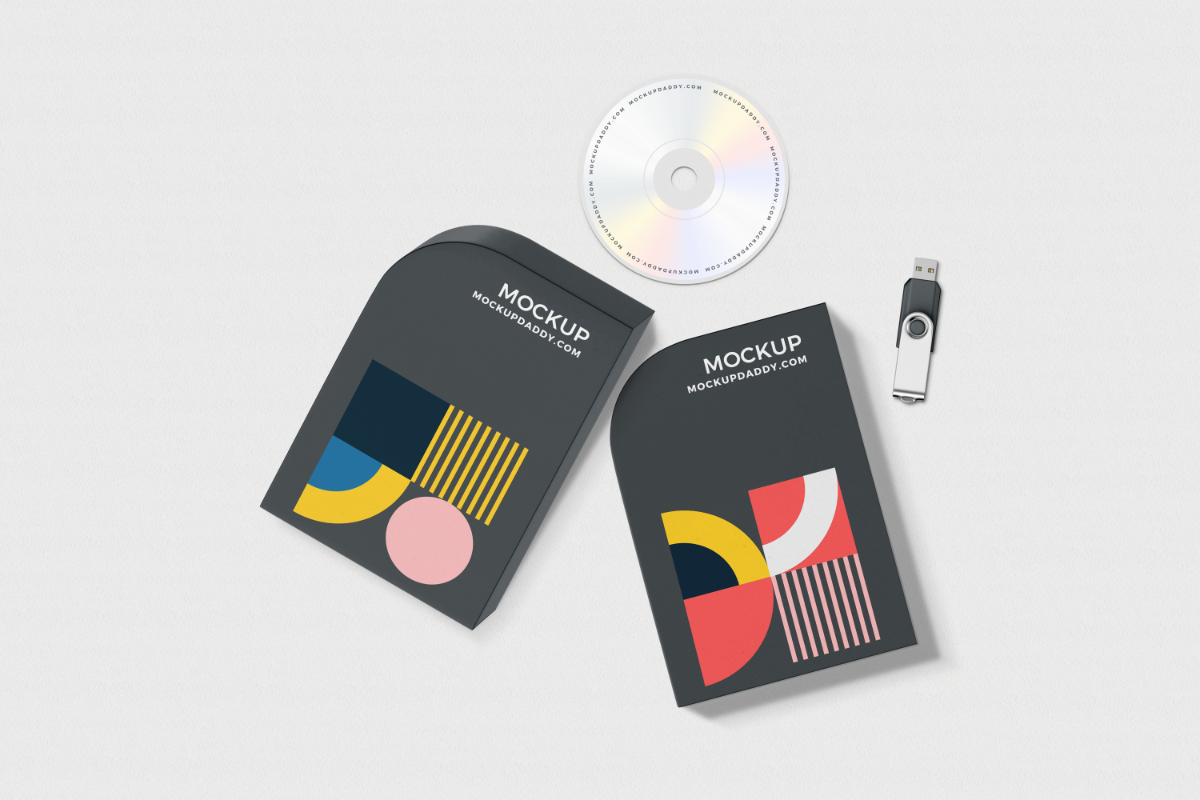 Two Black software mockup with abstract design,CD and pendrive