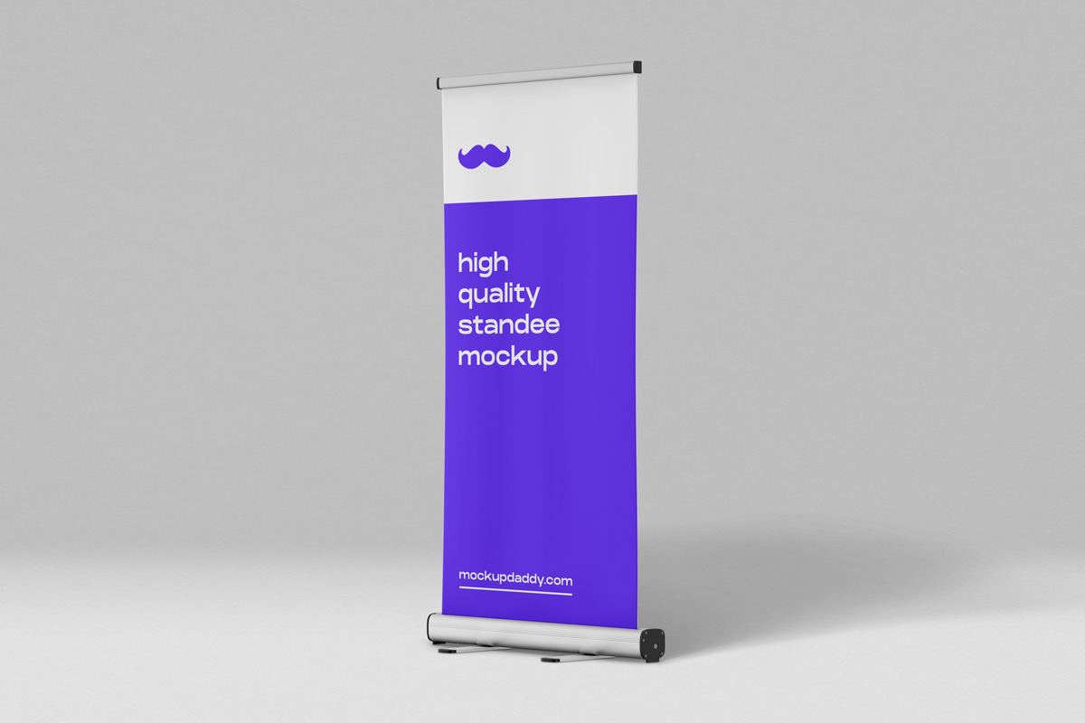 Digital standee banner mockup with customizable graphics in 3D