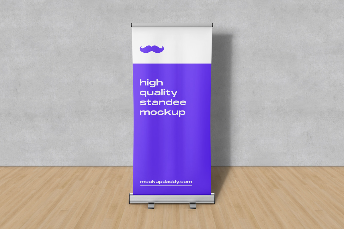 Digital roll-up banner mockup leaning against a white wall