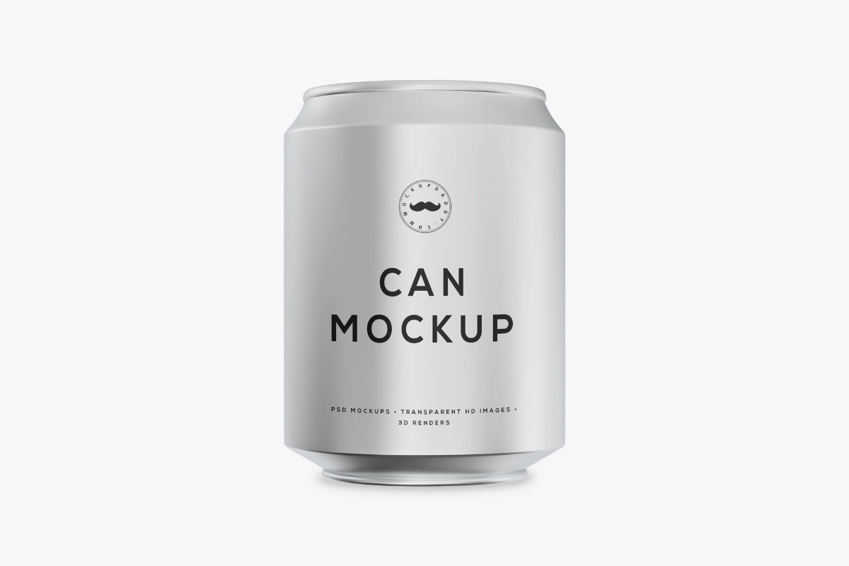 Small silver can mockup on white background