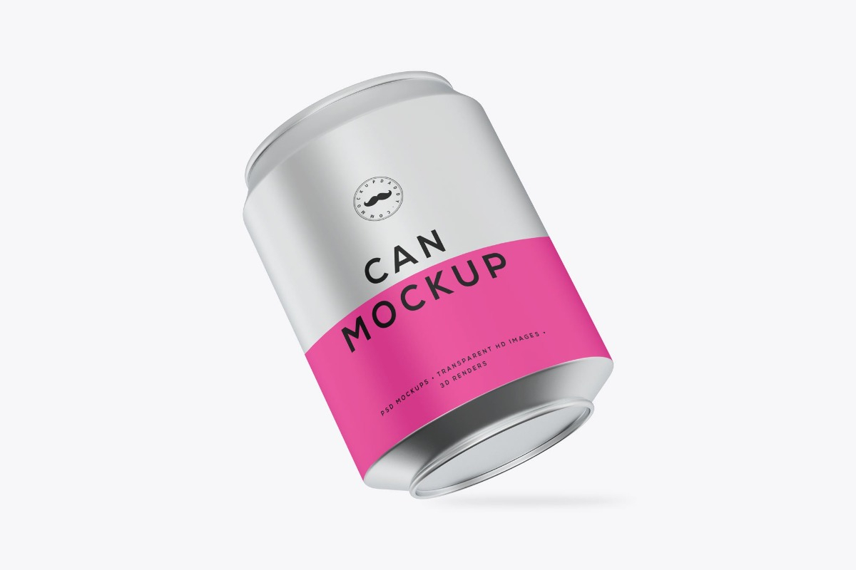 Aluminum can mockup with pink label on white background.