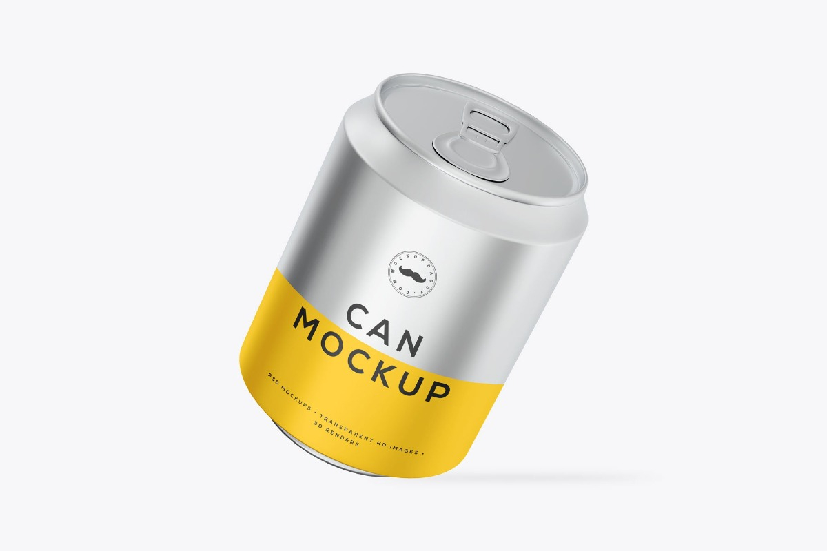 Silver aluminum can mockup with yellow lable 