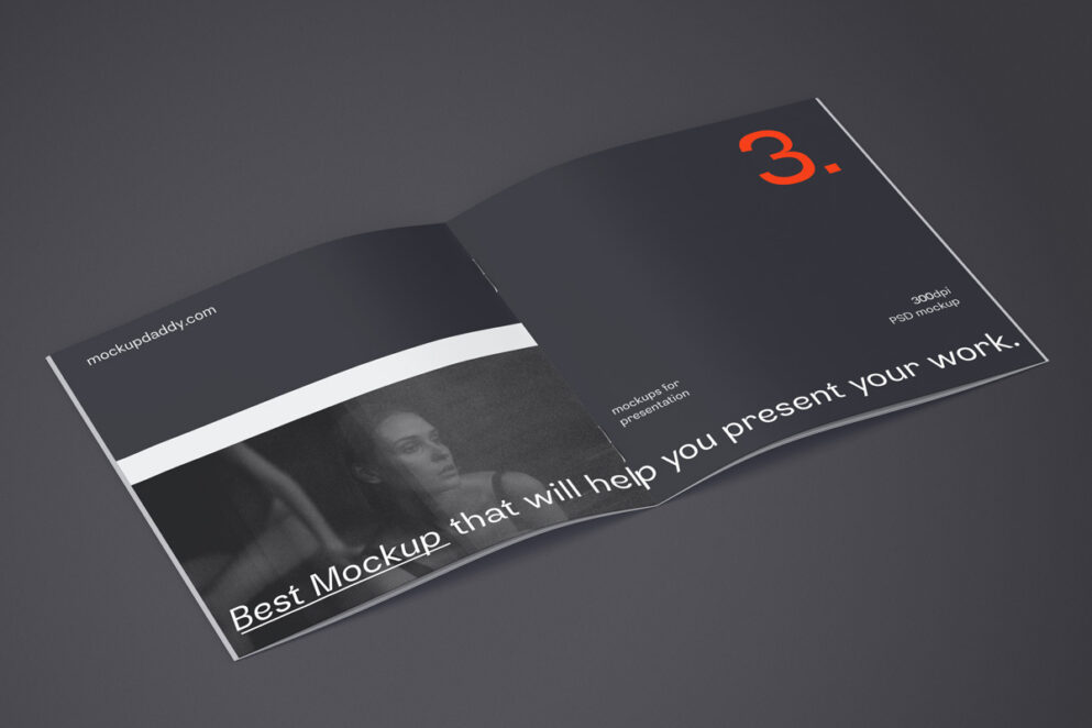 Open square bi-fold brochure mockup with a geometric pattern