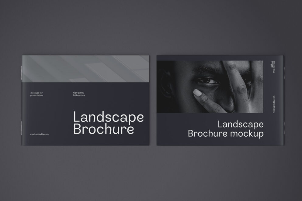Open A4 landscape brochure mockup with two folds and a geometric pattern
