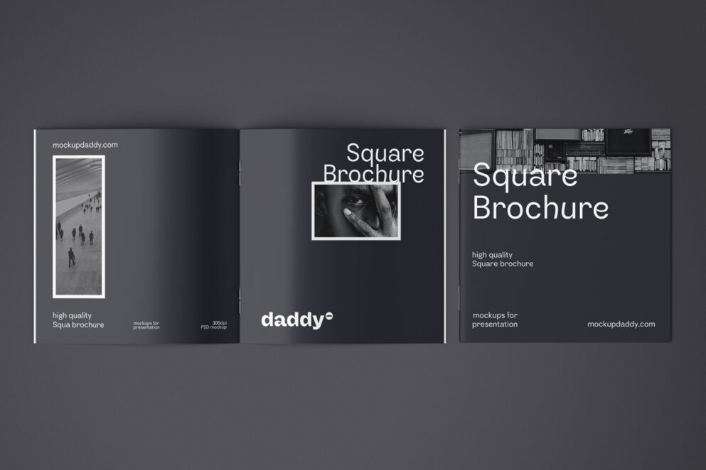 Square tri-fold brochure mockup with a folded edge